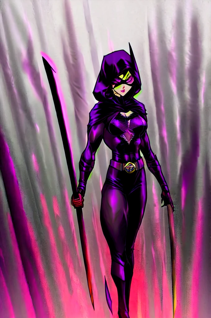 1girl, black hair, black mask, purple eyes, black hood, black cape, black superhero suit, holding two swords