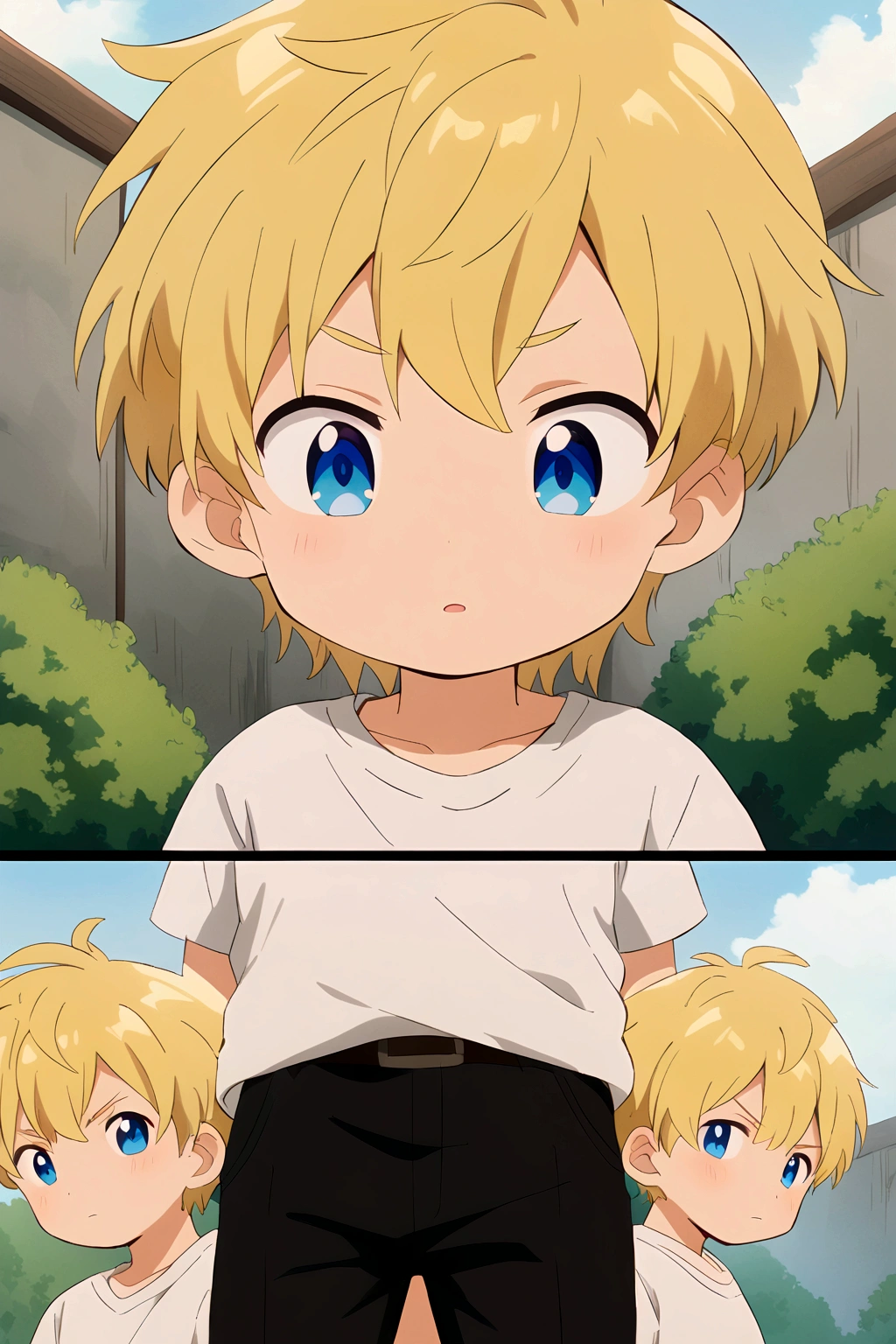 masculine boy, blond hair, blue eyes with green, White shirt, black pants, Very pretty, detailed, 8k quality, anime style, comic,