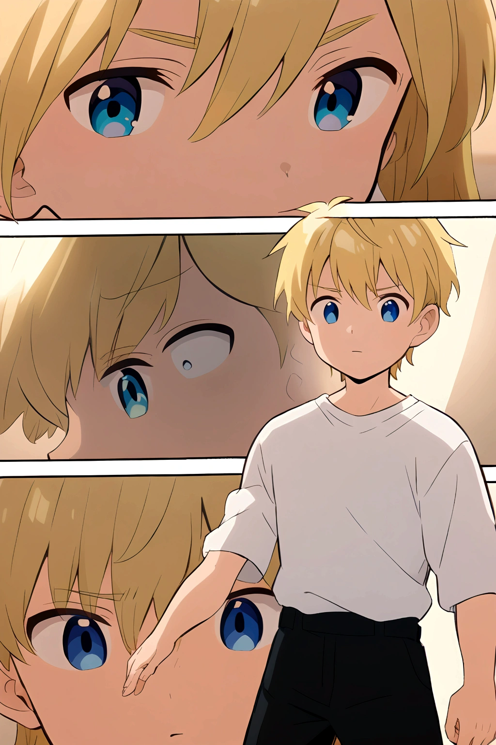 masculine boy, blond hair, blue eyes with green, White shirt, black pants, Very pretty, detailed, 8k quality, anime style, comic,