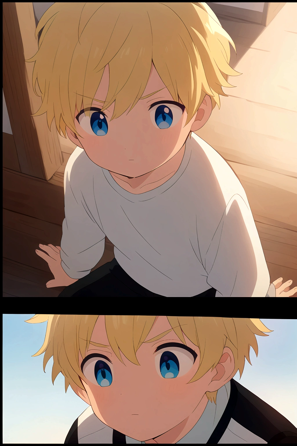 masculine boy, blond hair, blue eyes with green, White shirt, black pants, Very pretty, detailed, 8k quality, anime style, comic,