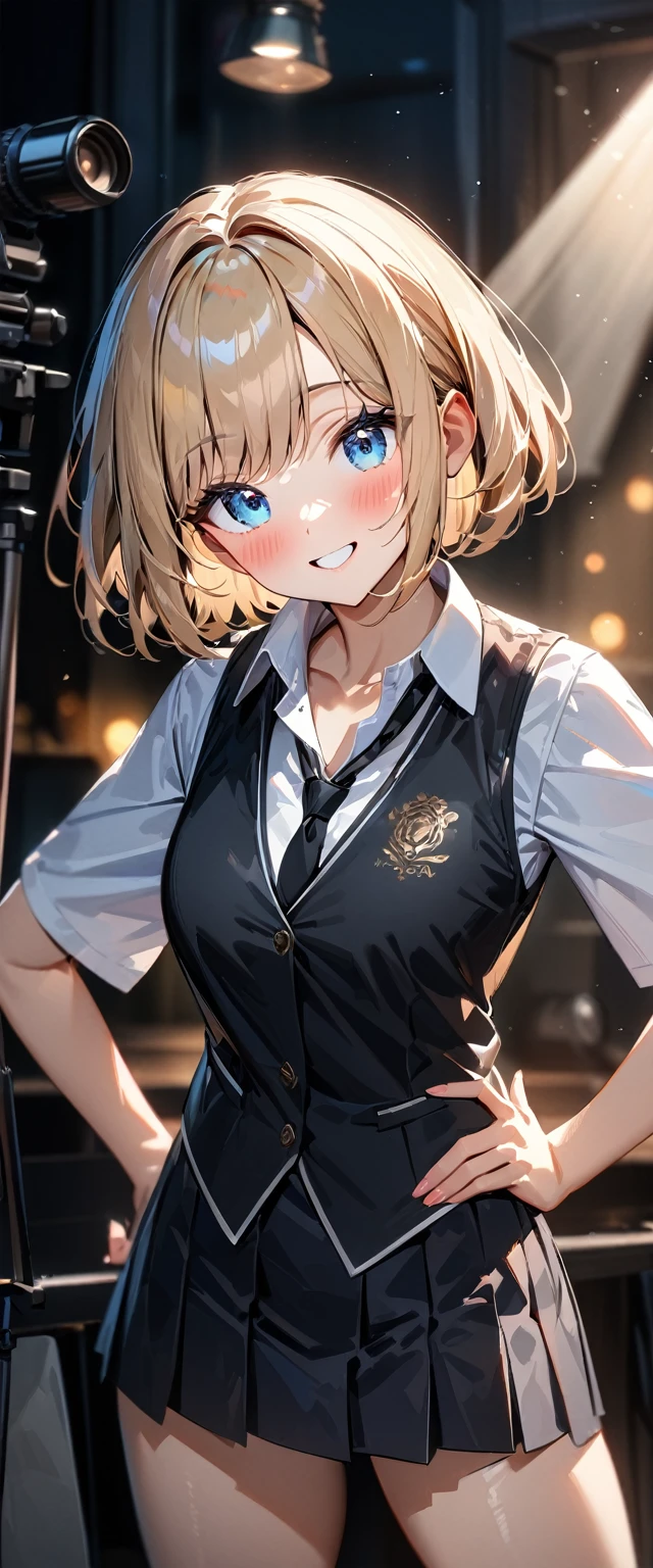 (((One girl))), blond hair, bob cut, (cowboy shot), (looking at viewer), (open collar:1.3), ((black tie under the waistcoat)), face in focus, teenager, head tilt:1.3, (((blue eye))), ((happy smile)), ((blush)), contrapposto, one hand on hip, school summer uniform, white shirts, skirt, black waistcoat, anime style, (best quality, 4k, 8k, highres, masterpiece:1.2, ultra-detailed, ultra-detailed eyes, HDR, UHD, studio lighting, ultra-fine painting, sharp focus, physically-based rendering, extreme detail description, professional, vivid colors, bokeh)