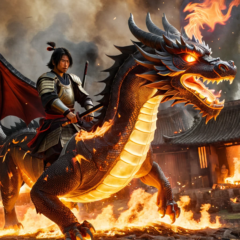 A battle scene between a samurai and a fire dragon in a burning village. The samurai is in battle-damaged armor, and the dragon breathes fire, with flames engulfing the surroundings.