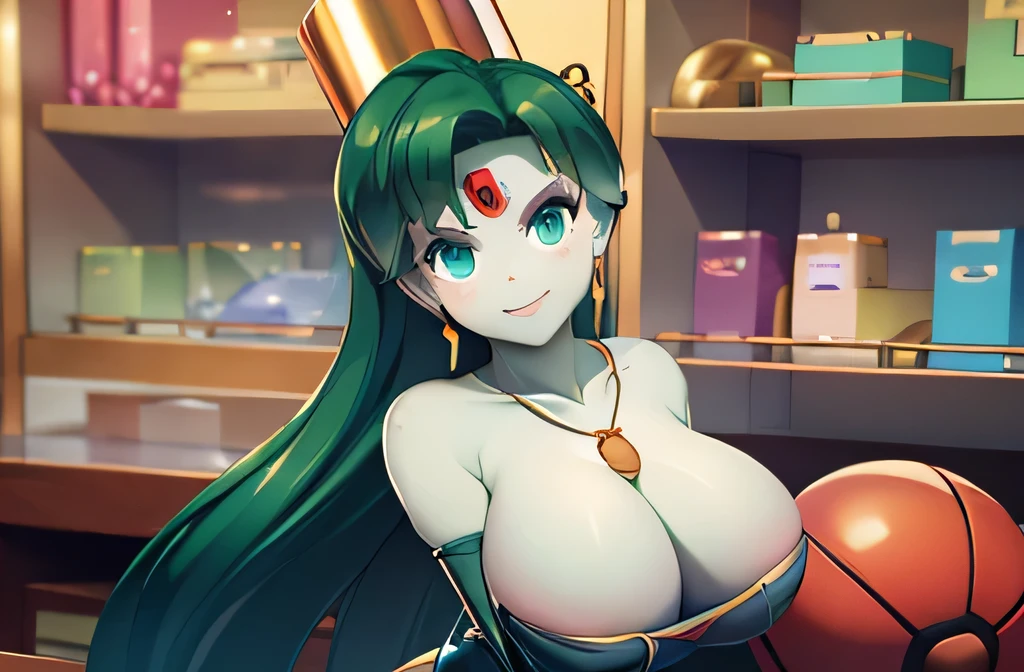 (masterpiece,best quality,ultra-delicate,Perfect Face,16k,high resolution,very beautiful woman), Atsugessho:1.3, upper body shot,deep green hair,blue latex bodycon dress, long latex gloves, green tights, (huge breasts), gold headpiece, pale blue skin, red gem on forehead, pink mist, ((cosmetics counter)), holding large red ball on rope, necklace, smirk, (extremely glossy)