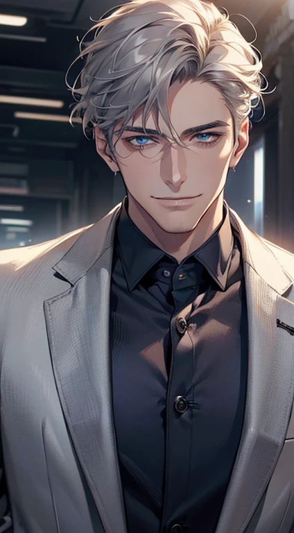 (best quality, masterpiece, 8K, photorealistic, cinematic lighting, 1:4 hdr image, ultra detailed, beautiful image), a mature man, 25 years very handsome, ((cold expression smile in love)), short grey hair, blue eyes, face perfect without mistakes, ((buttoning his jacket, CEO)), smile.