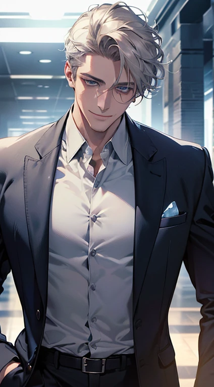 (best quality, masterpiece, 8K, photorealistic, cinematic lighting, 1:4 hdr image, ultra detailed, beautiful image), a mature man, 25 years very handsome, ((cold expression smile in love)), short grey hair, blue eyes, face perfect without mistakes, ((buttoning his jacket, CEO)), smile.