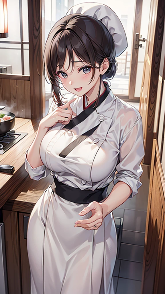 (Best quality, 8k, 32k, Masterpiece, UHD:1.2), (realistic:1.5), (masterpiece, Extremely detailed CG unity 8k wallpaper, best quality, highres:1.2), (ultra detailed, UHD:1.2), (cowboy shot:1.3), (anime style illustration:1.3), (seductive anime waifu:1.3), (ultra-detailed:1.3), (hyper-sharp:1.3), (insanely detailed:1.3),
BREAK,
(1girl:1.3, solo), (Sushi-Chef:1.3), single Chignon hair style, mahogany hair, attractive look, (Korean actress face:1.3), (Japanese idol face:1.3), pretty face, cute,
BREAK,
(white Japanese Chef clothes:1.3), (Chef clothes:1.3),
BREAK
(cooking in the kitchen:1.3), (cooking the sushi:1.3), (at Japanese Sushi restaurant:1.3), (in the kitchen counter:1.3), indoor, cinematic light, cute, happy, seductive smile, :d, ;p, attractive emotion,
BREAK, best ratio four finger and one thumb, perfect anatomy, perfect proportion,