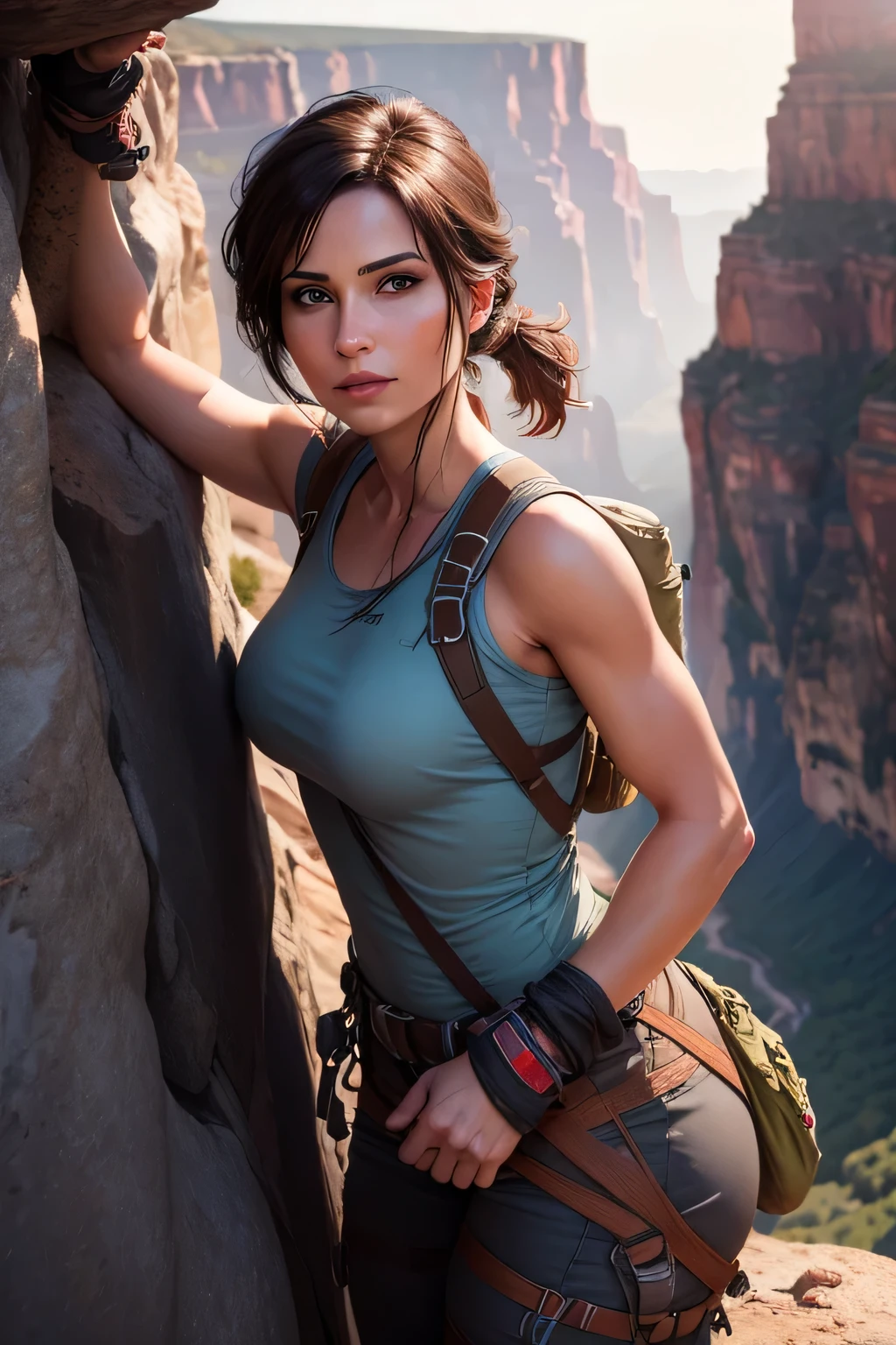 Create a picture of Lara Croft engaging in cliff walking and climbing in a breathtaking, grand canyon landscape. She is scaling a steep, rocky cliff with the aid of climbing gear, including ropes, harnesses, and carabiners. The cliff is part of a dramatic mountain range, with sheer drops and jagged peaks. Lara is dressed in a light blue t-shirt and dark jeans. The environment should include realistic rock textures and intricate details, with the sunlight casting dynamic shadows on the cliff face. The overall atmosphere should convey a sense of adventure, courage, and the thrill of conquering nature's obstacles. DLSR, sharp focus, soft lighting, masterpiece, photorealistic, 8k, masterpiece, perfect face, ultra detailed face, perfect brown eyes, beautiful face, close up face
