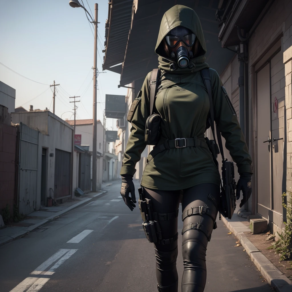 She is walking in middle of a street dressed in black and wearing a gas mask, abandon city with only one Power Nuclear Plant in the distance but there is not other people , there is a olive green toxic smoke in the air, ultra high quality, 4K, low angle, (masterpiece, top quality, best quality, official art, beautiful and aesthetic:1.2),