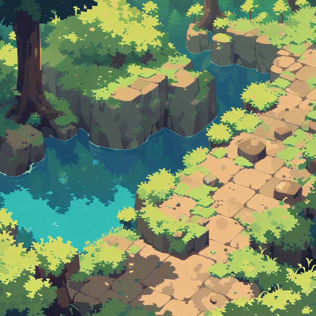 retro video game style,pixelated, vibrant pastel colors,8-bit characters,blocky shapes,sharp lines,detailed shading,classic gaming vibe,nostalgic atmosphere,classic arcade games,masterpiece:1.2,ultra-detailed,illustration style, 2d texture, stone texture, 4 k seamless mud texture, video game texture, dirt texture, tileset, game tiles, grass, trees, rock texture, detailed trees, topdown view, game texture, game art, tileable texture, very detailed cliff texture, intricate stones, top down view, 3/4th perspective