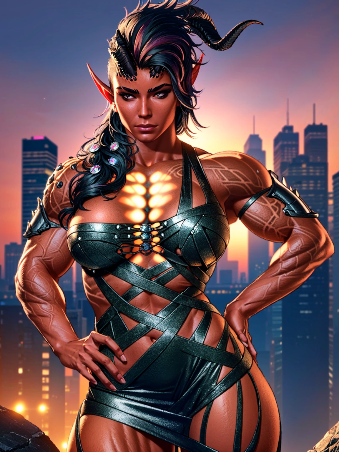 (masterpiece, best quality:1.3)
BGKarlach, 1girl, solo, realistic, long hair, horns,pointy ears, muscular, bodybuilder, buff, (huge breasts:1.3), cityscape, at night, on top of a skyscraper, short dress, tight, character portrait, by Stanley Artgerm Lau