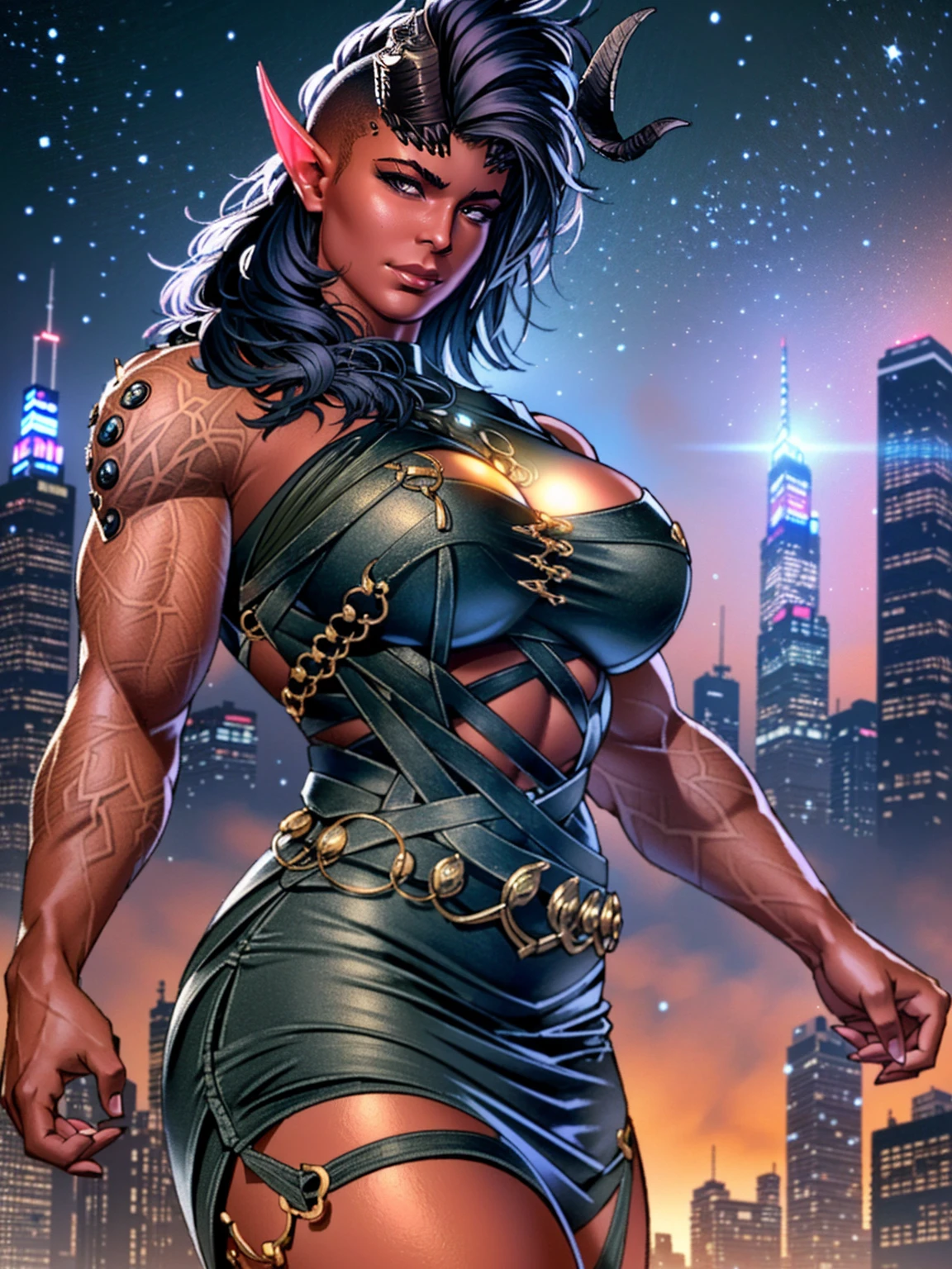 (masterpiece, best quality:1.3)
BGKarlach, 1girl, solo, realistic, long hair, horns,pointy ears, muscular, bodybuilder, buff, (huge breasts:1.3), cityscape, at night, on top of a skyscraper, short dress, tight, character portrait, by Stanley Artgerm Lau