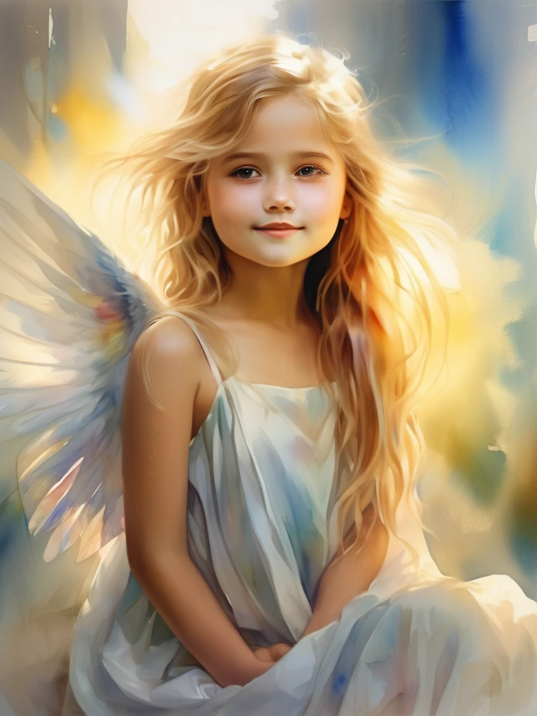 (((Watercolor)))1 Angel girl facing forward, Beautiful wings on the back、Blonde, Long Hair, alone、smile、magic, Strapless White Dress、Hopeful Face、Rainbow behind