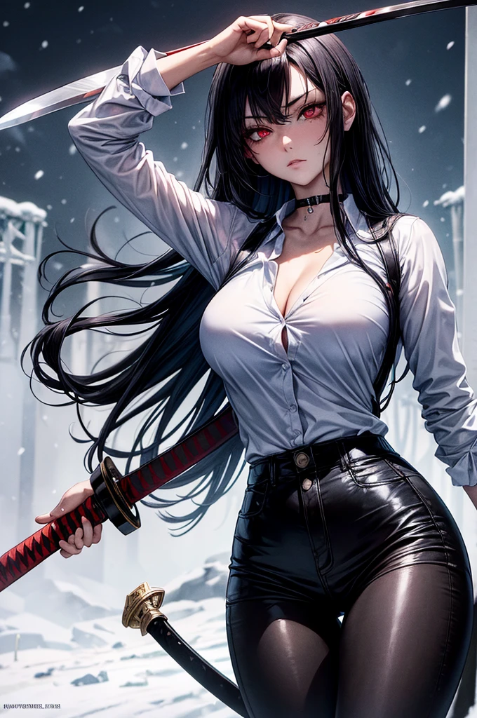 1 woman, woman fighting two zombies, High school girl swordsman, holds a katana in his right hand, long black hair, beautiful eyes, detailed eyes, Red eyes, choker:1.6, captivating look, wearing a white long-sleeved button-down shirt, big breasts, shiny black tight leggings, Snowy forest, snow night, Dark, Moonlight, absurd, high resolution, ultra-sharp, 8k, Masterpiece, front view, looking at the viewer