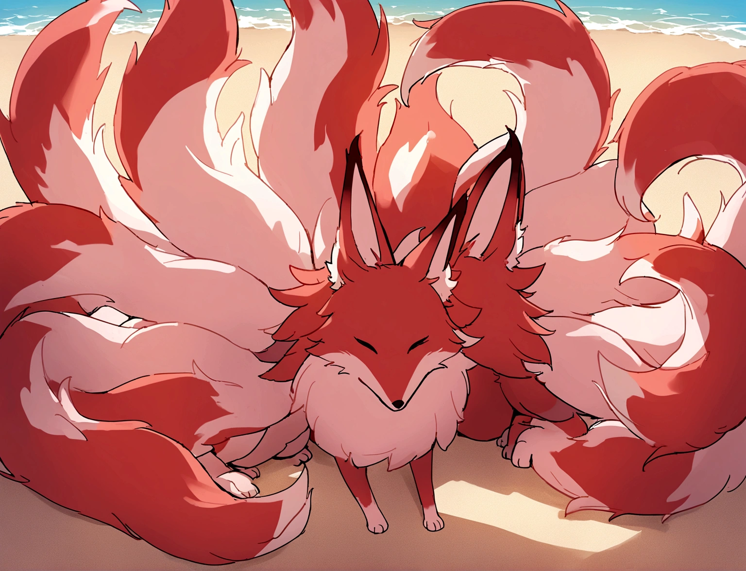 A giant red fox with 9 tails and 4 legs, whose tips are light pink. The tails are very fluffy and soft. The chest coat is light pink, as well as the tips of the paws. ao redor, a circle of small light pink flames. Ao fundo, a sunny beach.