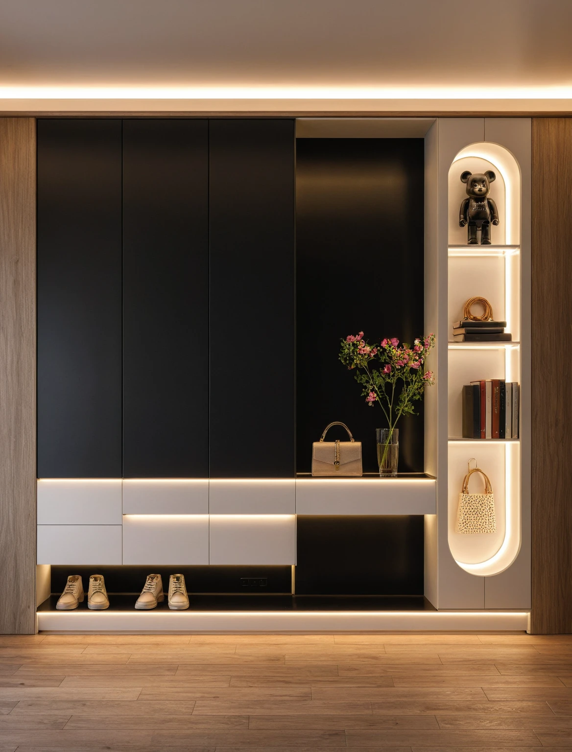 Raw photo,Masterpiece, high quality, best quality, authentic, super detail, interior, shoes Cabinet style modern luxury , sunset, daylight, shoe cabinets, decorative cabinets, flower vases, led lights, ceiling lights, decorations, books, wooden floor, handbags, shoes, bearbrick, ((black mirror))