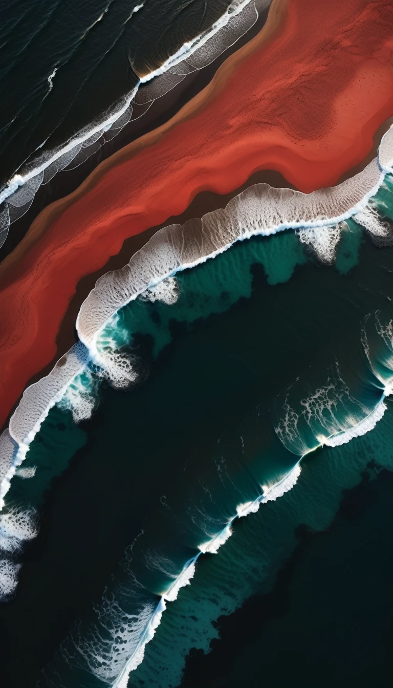 Top view，a beautiful detailed black sand beach,dramatic red ocean,minimalist vector landscape,clean stylized flat art,high contrast,masterpiece,best quality,8K,photorealistic,intricate details,seamless,stunning colors,dramatic lighting