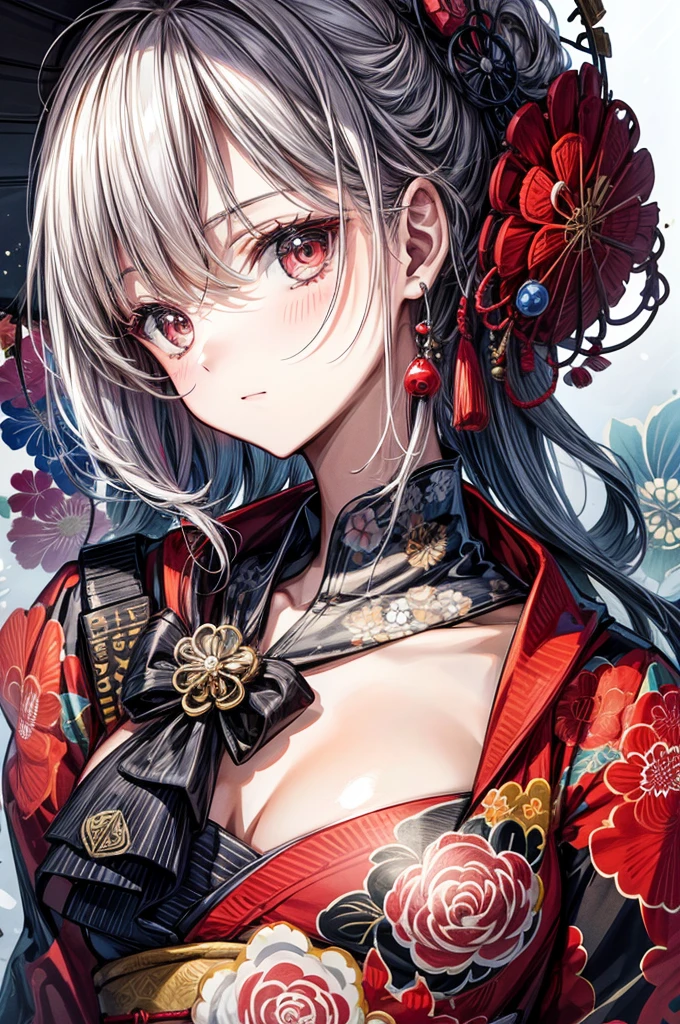 (masterpiece, Highest quality) Carefully crafted character sheets, Depicts a woman in a red kimono decorated with intricate floral patterns. She has a Japanese umbrella, Decorated with beautiful flowers, Protect yourself from rain. each detail, From the folds of a kimono to the delicate petals of an umbrella, Carefully drawn down to the smallest detail. Vibrant colors and subtle shadows bring your scenes to life, Make it a true work of art.