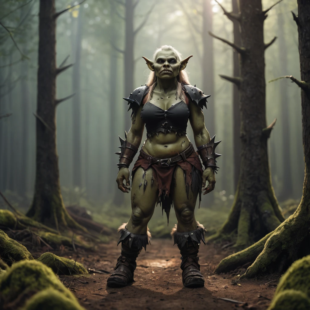 photo of a ork woman,  forest background, natural light, full body shot 