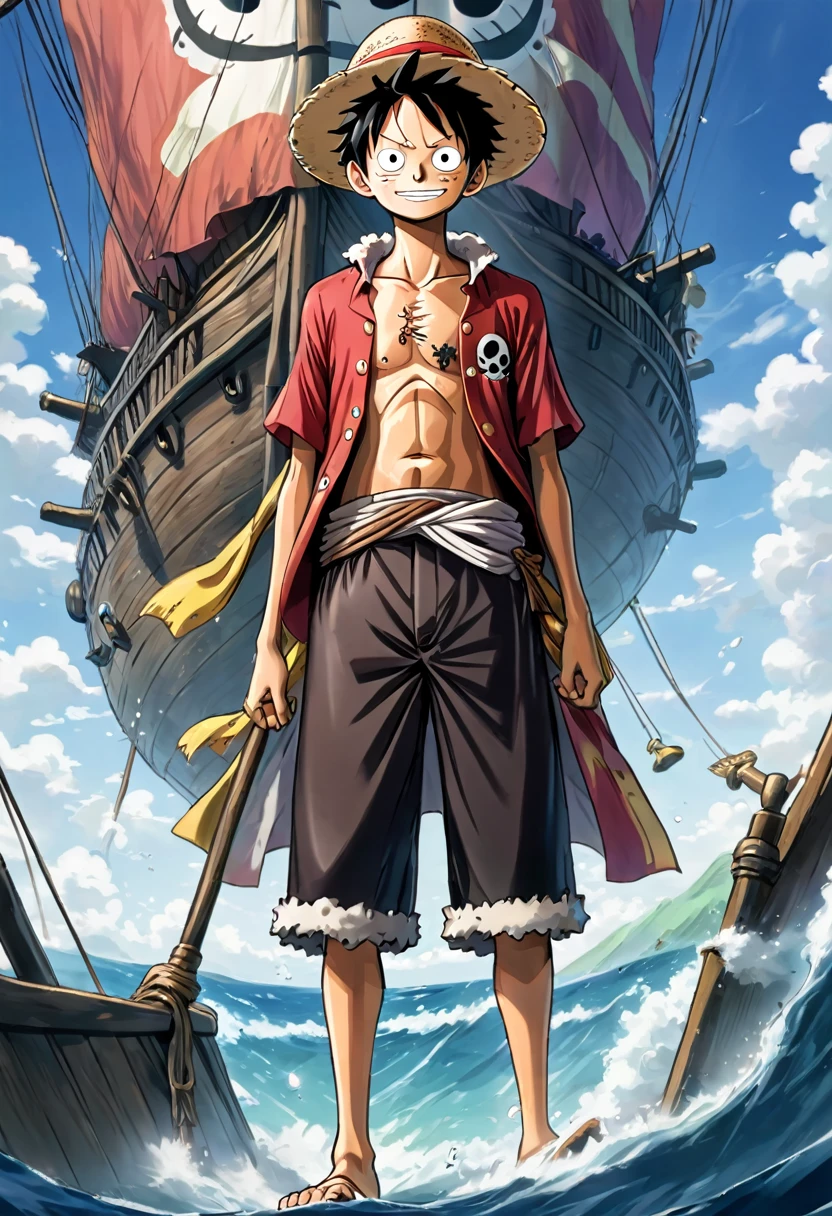 Create an illustration of the anime character "Luffy" from "One Piece" looking downcast and upset. Show Luffy with a somber expression, his usually bright and determined eyes reflecting sadness or disappointment. His characteristic straw hat could be tilted down slightly, adding to the melancholic mood.

Include elements that suggest the reason for Luffy's sadness, such as his crew facing a difficult challenge, losing a friend, or encountering a setback in their journey. Surround him with subtle hints of his pirate life, like a ship in the background or the Jolly Roger flag, to contextualize his emotions within the world of "One Piece".

Use a color palette that reflects the serious and reflective tone of the moment, with muted tones and soft shadows to emphasize Luffy's introspective state. Capture the essence of his resilience and determination even in moments of sadness, portraying a nuanced and emotional side of his character.

Ensure the illustration conveys the depth of Luffy's feelings while staying true to the distinctive art style and atmosphere of the "One Piece" series, creating a compelling visual narrative of his emotional journey.