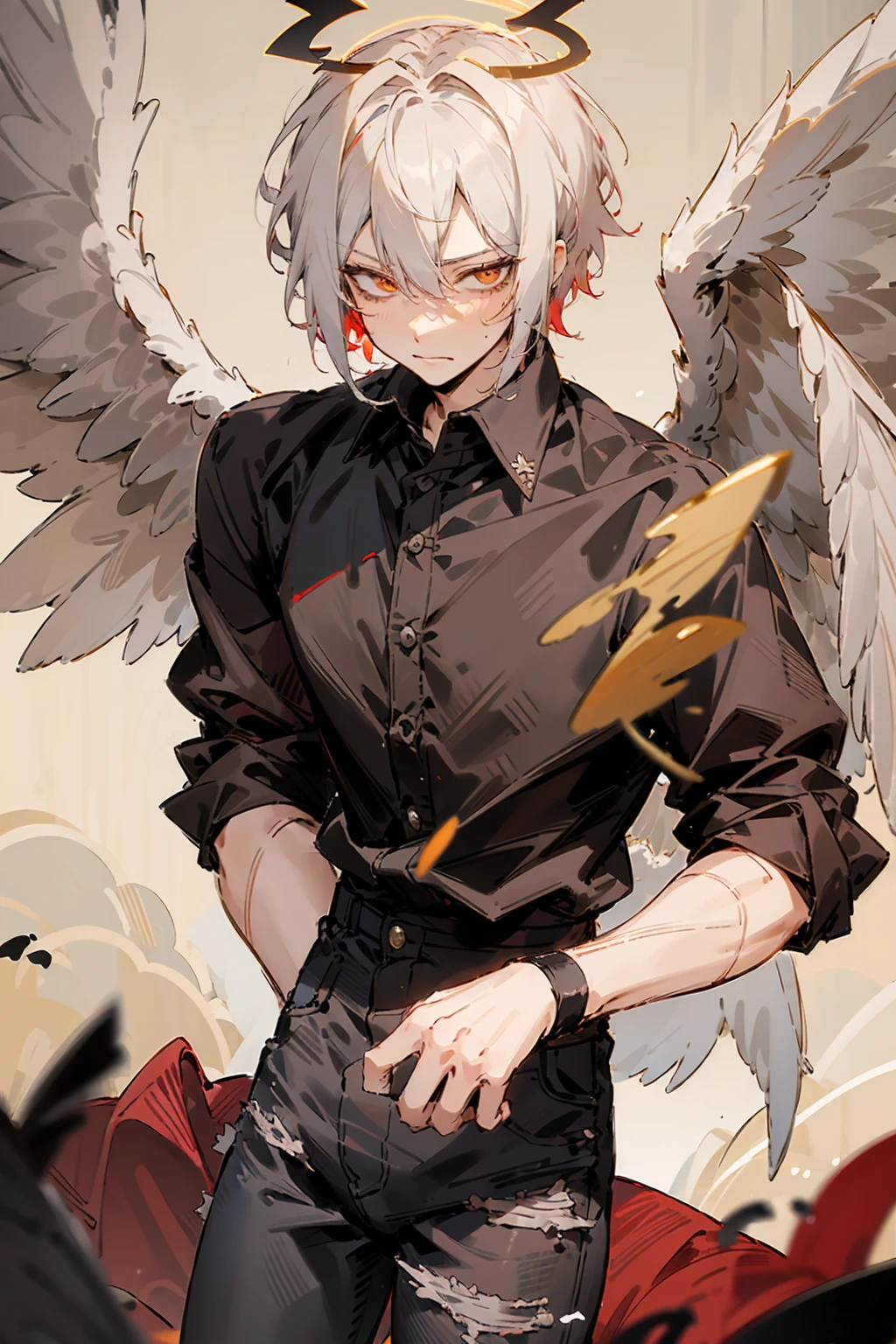 1male, Adult, Two Tone Hair, Crimson and White Hair, Short Hair, Undercut Hair, Black and White Horns, Angel Halo, Black Wings, Golden Eyes, Smirk, Black and White Flannel Shirt, Black Ripped Jeans