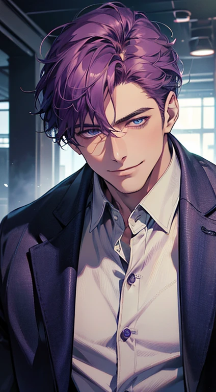 (best quality, masterpiece, 8K, photorealistic, cinematic lighting, 1:4 hdr image, ultra detailed, beautiful image), a mature man, 35 years very handsome, ((cold expression smile in love)), short  purple hair, blue eyes, face perfect without mistakes, ((buttoning his jacket, CEO)), smile.