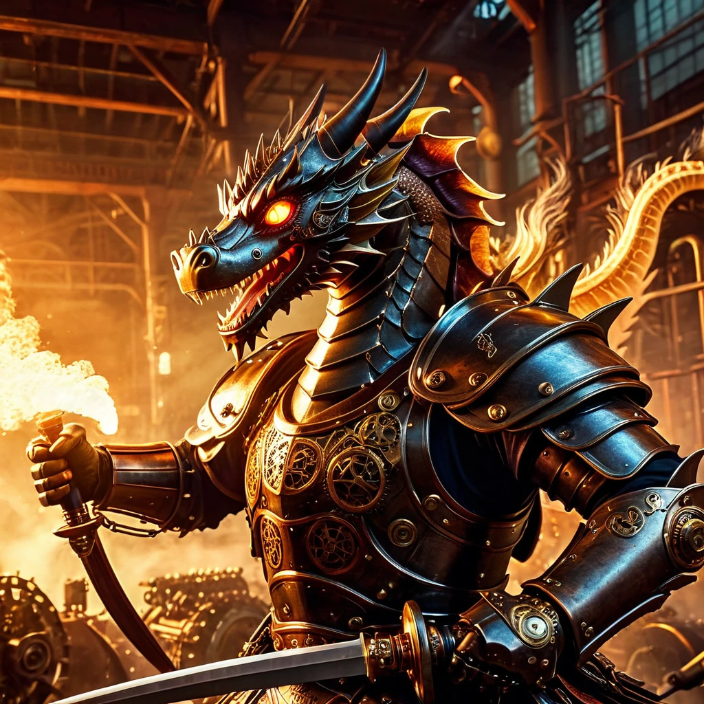 a steampunk samurai in steam-powered armor fighting a mechanical dragon, industrial landscape, gears, machinery, best quality, 8k, hyperdetailed, highly detailed, intricate, cinematic, dramatic lighting, moody colors, vibrant colors, golden hour, volumetric lighting, cinematic composition, epic, masterpiece