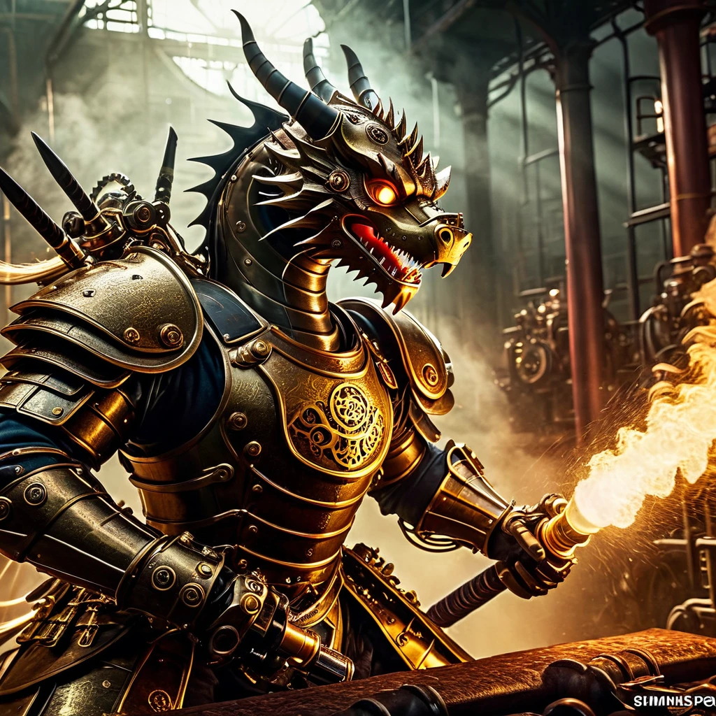 a steampunk samurai in steam-powered armor fighting a mechanical dragon, industrial landscape, gears, machinery, best quality, 8k, hyperdetailed, highly detailed, intricate, cinematic, dramatic lighting, moody colors, vibrant colors, golden hour, volumetric lighting, cinematic composition, epic, masterpiece