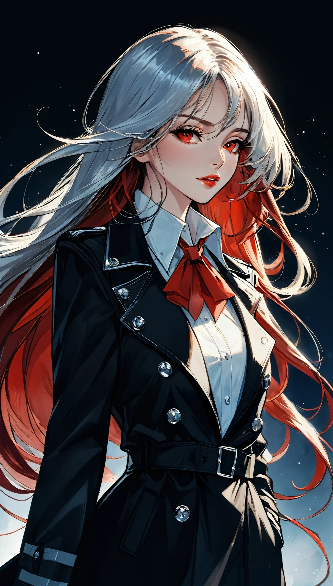 ((masterpiece, best quality)),(illustration),(detailedLight),((Extremely exquisite and beautiful)),in style of Thierry Mugler,Character design illustration,1 Girl,Black long trench coat,White shirt,Red Collar Festival,Long hair,Silver long hair,Dark shadows,
