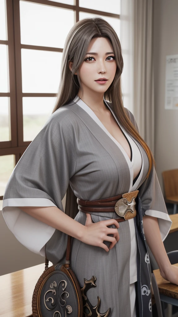 1women,milf, rangikumatsumoto, rangiku matsumoto, long hair, (grey eyes:1.5), orange hair, mole, mole under mouth, parted bangs, open mouth, smile,
BREAK wearing White_kimono,
BREAK indoors, classroom,
BREAK looking at viewer, (cowboy shot:1.5),standing,pose, hand on hip,
BREAK (masterpiece:1.2), best quality, high resolution, unity 8k wallpaper,NSFW ,(illustration:0.8), (beautiful detailed eyes:1.6), extremely detailed face, perfect lighting, extremely detailed CG, (perfect hands, perfect anatomy),