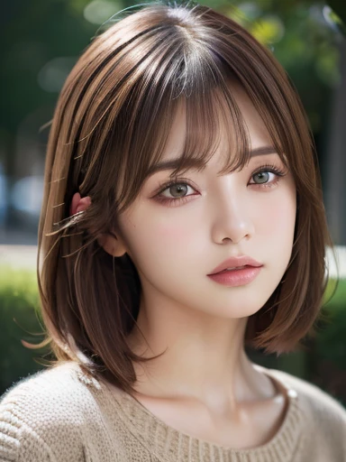 (Masseter muscle part:1.3)、(8K、Photoreal、RAW photo、highest quality: 1.4)、(1 girl)、beautiful face、(lifelike face)、(brown hair:1.5)、(medium hair)、beautiful hairstyle、(One eye is hidden by bangs:1.2)、beautiful and fine eyes、(real looking skin)、beautiful skin、(sweater)、absurd、attractive、超A high resolution、surreal、high detail、golden ratio