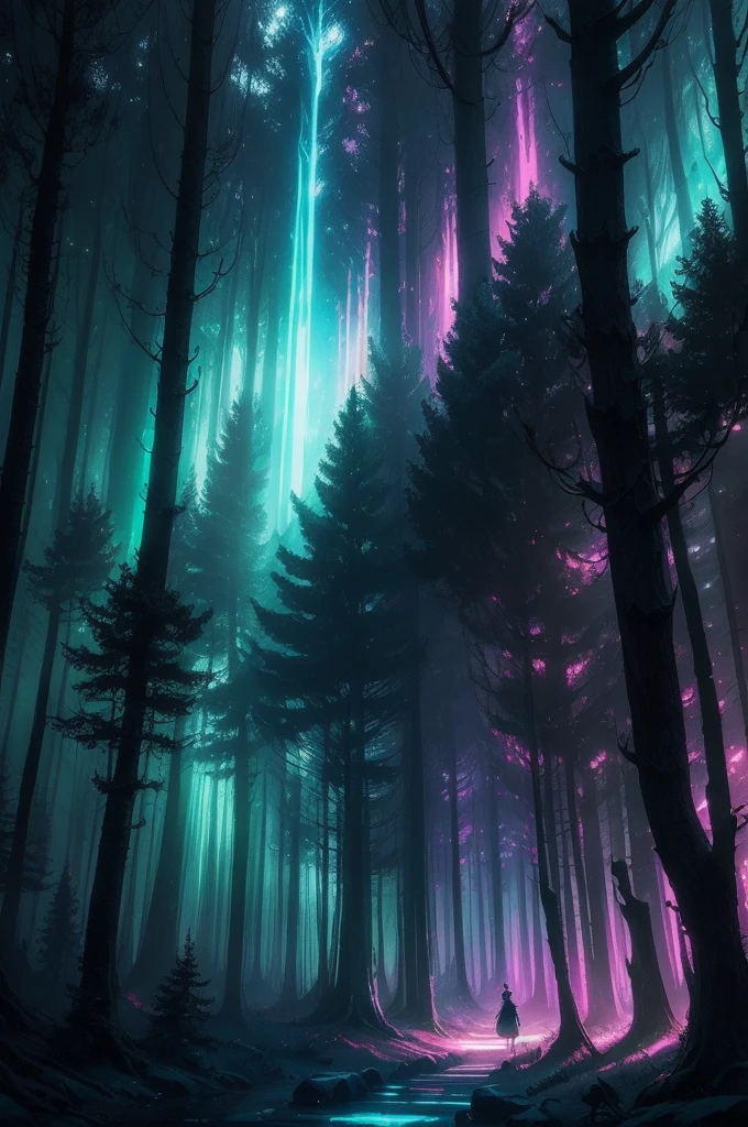 a forest filled with lots of trees and lights, concept art by Beeple, flickr, fantasy art, magic fairy forest, magical forest in the background, magical forest, magical colours and atmosphere, very magical and dreamy, enchanted and magic forest, magical colors and atmosphere, enchanted magical fantasy forest, magical fantasy forest, in a magical forest, magical forest with fireflies
