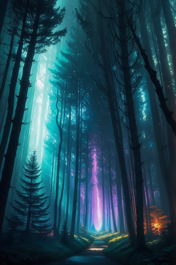 a forest filled with lots of trees and lights, concept art by Beeple, flickr, fantasy art, magic fairy forest, magical forest in the background, magical forest, magical colours and atmosphere, very magical and dreamy, enchanted and magic forest, magical colors and atmosphere, enchanted magical fantasy forest, magical fantasy forest, in a magical forest, magical forest with fireflies