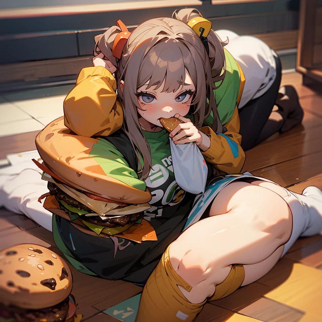 fat girl wanting to vomit eating burger sitting on floor with her clothes tearing