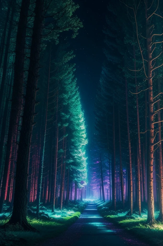 a forest filled with lots of trees and lights, magic fairy forest, magical forest in the background, magical forest, magical colours and atmosphere, very magical and dreamy, enchanted and magic forest, magical colors and atmosphere, enchanted magical fantasy forest, magical fantasy forest, in a magical forest, magical forest with fireflies, magic forest, magical forest backround, . ethereal lights