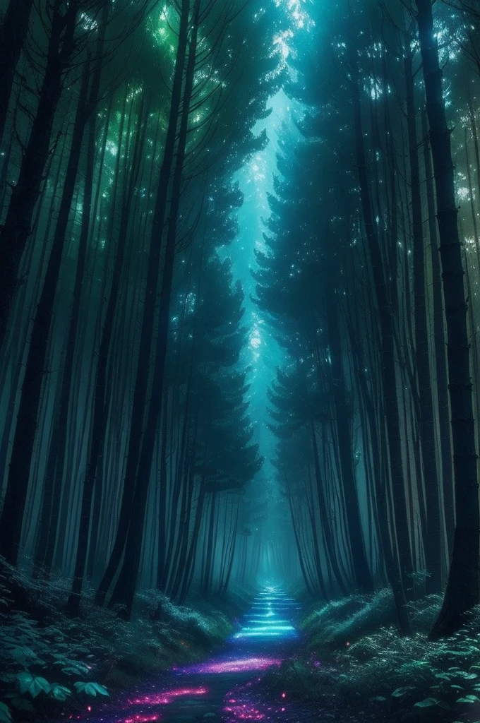 a forest filled with lots of trees and lights, magic fairy forest, magical forest in the background, magical forest, magical colours and atmosphere, very magical and dreamy, enchanted and magic forest, magical colors and atmosphere, enchanted magical fantasy forest, magical fantasy forest, in a magical forest, magical forest with fireflies, magic forest, magical forest backround, . ethereal lights