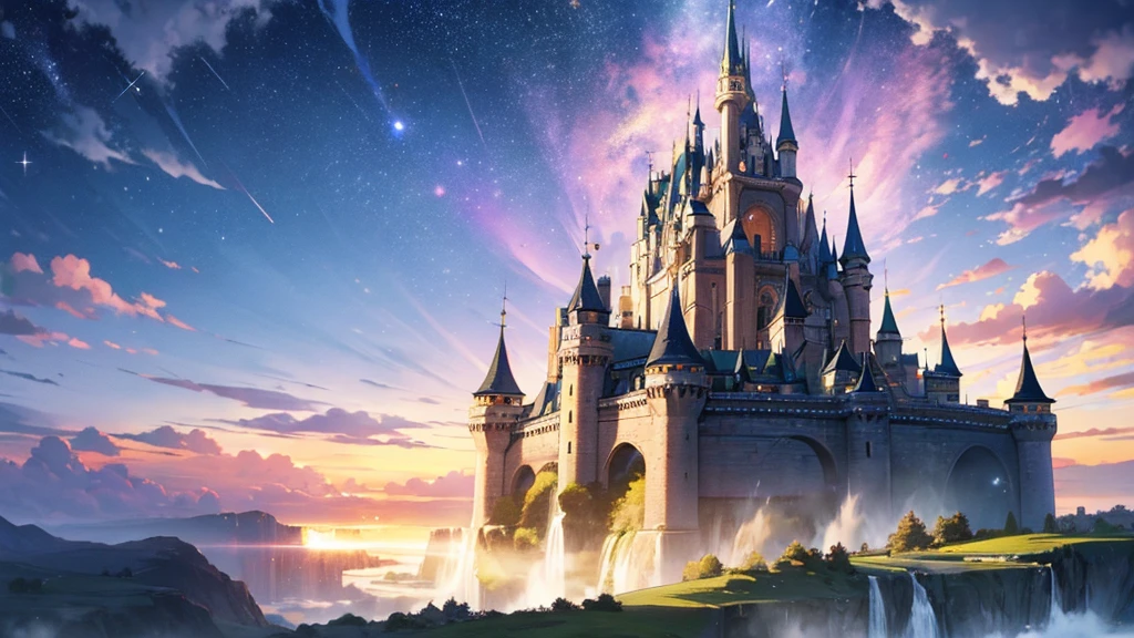 A high quality, (((City in the Sky)))), 3D anime-style artwork depicting a fantastical city in the sky. At its center is a sparkling, crystal-like castle floating in the vast sky. The castle is decorated in emerald and gold, with clouds and light particles floating around it. The background depicts a starry sky and twilight with soft sunlight shining through. Lush floating islands are dotted around the castle, and flowing streams and waterfalls can be seen. The overall color scheme is pastel, creating a peaceful and mysterious atmosphere.