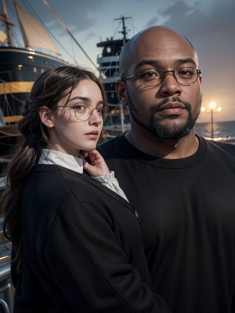 hyper realistic image a black man, dark, fat, bald, wears a black beard, big head, wears black-rimmed square prescription glasses(like Jack Dawson from the movie Titanic), he is standing next to Kate Winslet as Rose DeWitt Bukater, with the Titanic ship passing behind them, seen from the front, full body, in 1912, photograph with color and appearance from the old time