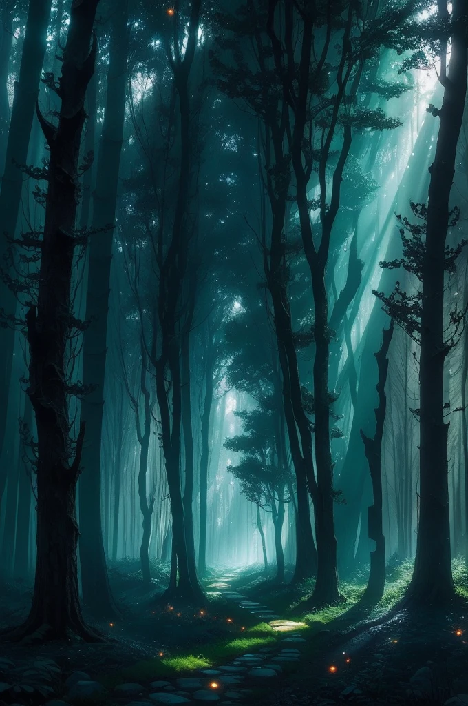a forest filled with lots of trees and lights, concept art by Beeple, flickr, fantasy art, magic fairy forest, magical forest in the background, magical forest, magical colours and atmosphere, very magical and dreamy, enchanted and magic forest, magical colors and atmosphere, enchanted magical fantasy forest, magical fantasy forest, in a magical forest, magical forest with fireflies