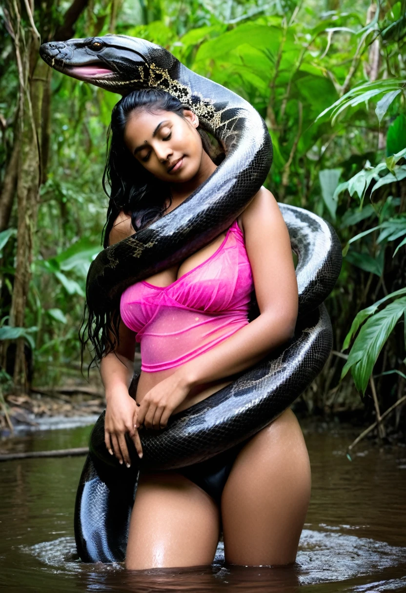 Top quality, masterpiece, super high resolution, real photo, raw photo, cute, beautiful indian young girl, happy expression, joy, glossy skin, dramatic lighting, full body, full body wet, dirty pink tank top, sheer with thin fabric, pink shirt dirty with mud, beautiful breasts, beautiful ass, butt sticking out, creepy, in the dark jungle, waterside, black large titanboa , slim, long limbs, slimy, slim Sleeping on large titanboa a large giant black titanboa wrapped around her neck, a large titanboa wrapped around her body, a titanboa’s head from between her crotches, a titanboa and a titan’s intertwining their tongues and kissing, a girl hugging giant titanbo a girl and a large titanboa staring at each other Many large anacondas horny aroused tentacle sex large object penetration nsfw snake tongue kissing blowjob bestiality