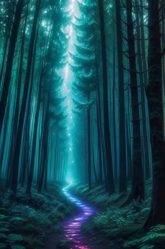 a forest filled with lots of trees and lights, magic fairy forest, magical forest in the background, magical forest, magical colours and atmosphere, very magical and dreamy, enchanted and magic forest, magical colors and atmosphere, enchanted magical fantasy forest, magical fantasy forest, in a magical forest, magical forest with fireflies, magic forest, magical forest backround, . ethereal lights
