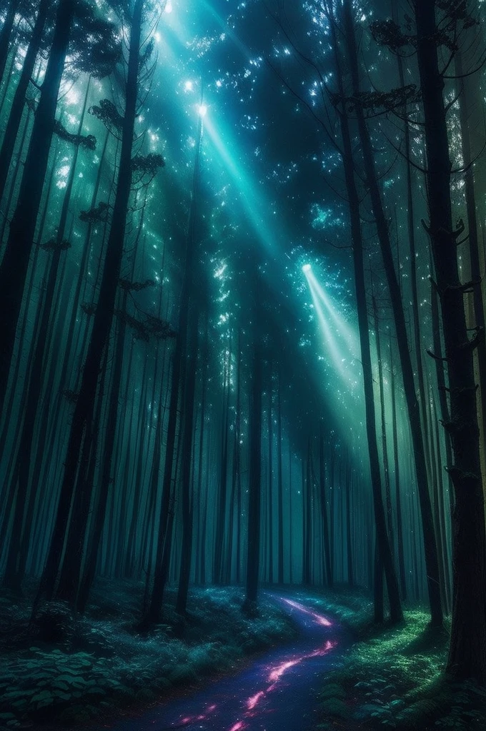 a forest filled with lots of trees and lights, magic fairy forest, magical forest in the background, magical forest, magical colours and atmosphere, very magical and dreamy, enchanted and magic forest, magical colors and atmosphere, enchanted magical fantasy forest, magical fantasy forest, in a magical forest, magical forest with fireflies, magic forest, magical forest backround, . ethereal lights