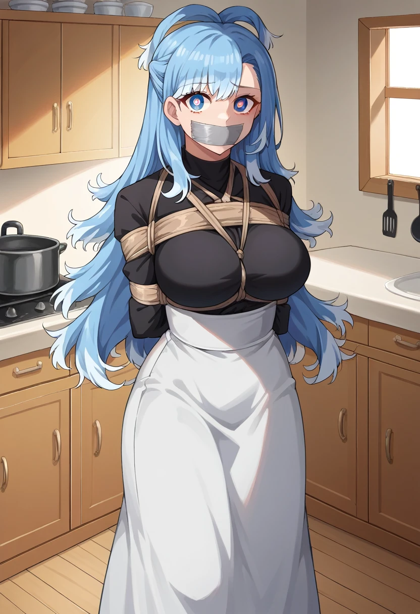 score_9, score_8_up, source_anime, 1girl, solo, KoboKanaeru, blue eyes, long hair, blue hair, colored tips, white hair, high-waist skirt, long skirt, white skirt, black shirt, long sleeves, , standing, indoors,house kitchen, (bound with an excessive amount of ropes), (bound wirsts), (arms behind back), (tapegag, tape gag), dramatic, (looking at viewer), (detailed pupils:1.3),pencil skirt,big breast