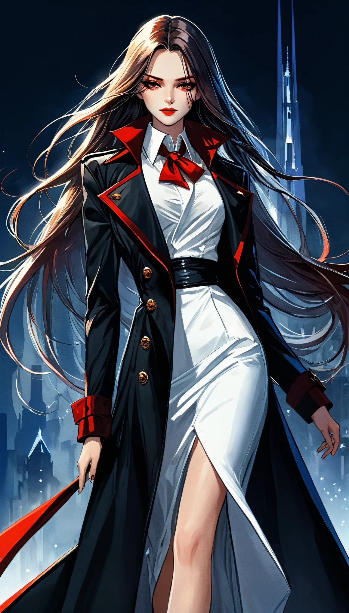 ((masterpiece, best quality)),(illustration),(detailedLight),((Extremely exquisite and beautiful)),in style of Thierry Mugler,Character design illustration,1 Girl,Black long trench coat,White shirt,Red Collar Festival,Long hair,Silver long hair,Dark shadows,