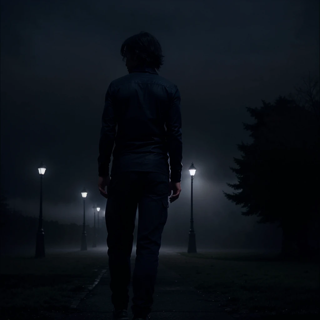 dark blue night, mysterious figure walking away, increased, visible upper half of the body, big moon in the background, foggy , for YouTube top banner, few light poles, getting closer, 