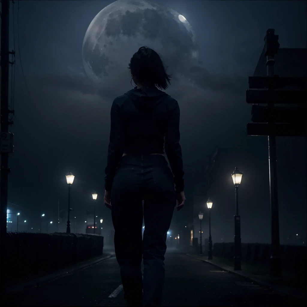 dark blue night, mysterious figure walking away, increased, visible upper half of the body, big moon in the background, foggy , for YouTube top banner, few light poles, getting closer,