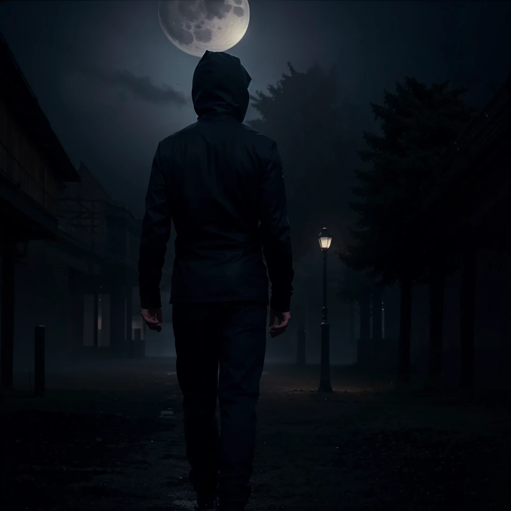 dark blue night, mysterious figure walking away, increased, visible upper half of the body, big moon in the background, foggy , for YouTube top banner, few light poles, getting closer,