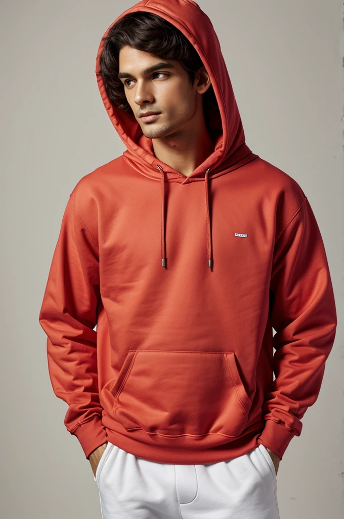 Cotton sweatshirt with hood and no closure, coral red color