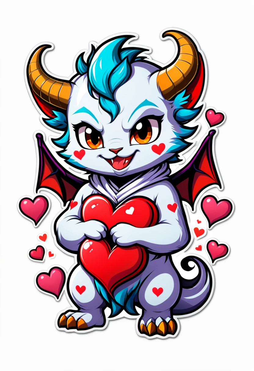 Cute stickers, cartoon style, cute super deformed character, white frame, high quality, colourful, Detailed illustration of a cute demon with hearts, stunning full colou