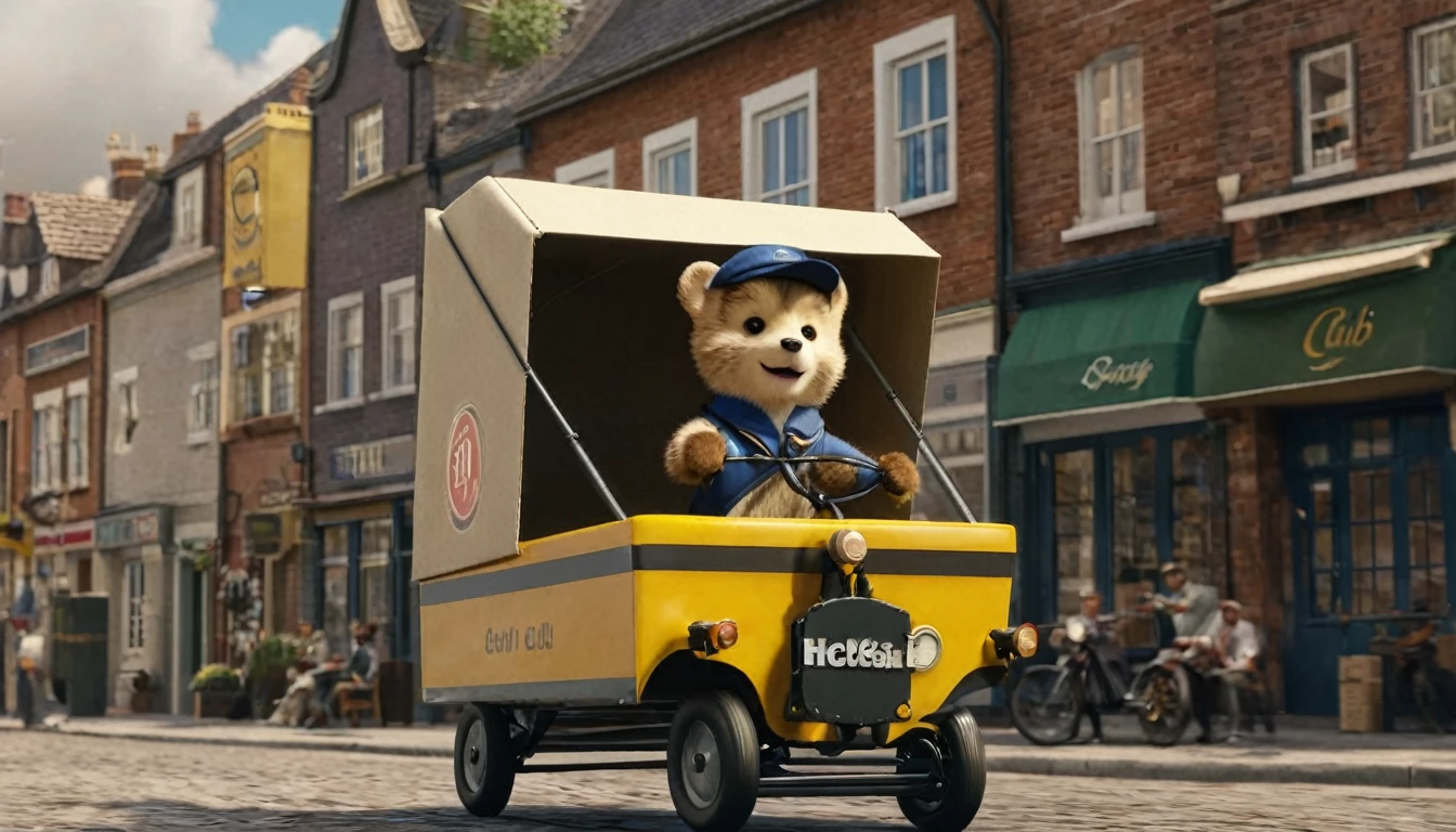 score_9, score_8_up, score_7_up, source_photo, photography, photorealistic, detailed, rating safe, front view, very wide shot, a super cub holding delivery box runs the town, rider is wearing a cook coat, masterpiece, best quality, 8k,