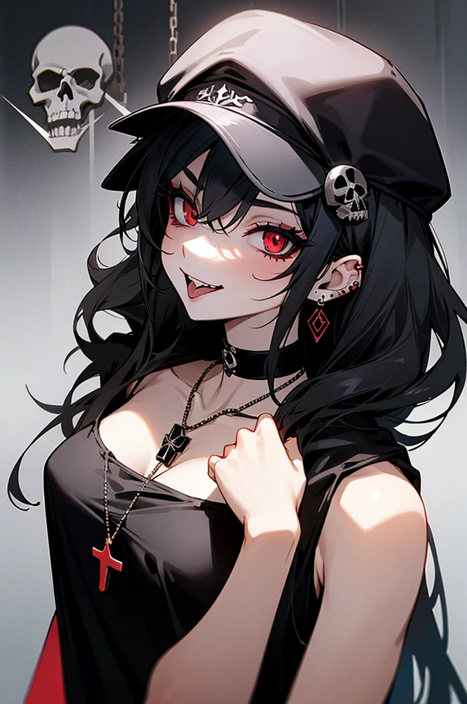 The image shows a girl with long, wavy black hair and red eyes, dressed in a gothic-punk style. She wears a black baseball cap with a white skull emblem on the front. Her ears are adorned with multiple earrings, including a cross-shaped one and other metallic studs. She has a mischievous smile, displaying her fangs, and is sticking her tongue out slightly.
She is wearing a black choker with a metal ring and a black tank top. Around her neck, she has a necklace with a skull pendant, and several chains are draped over her outfit, adding to her edgy look. The overall vibe is confident, playful, and rebellious.